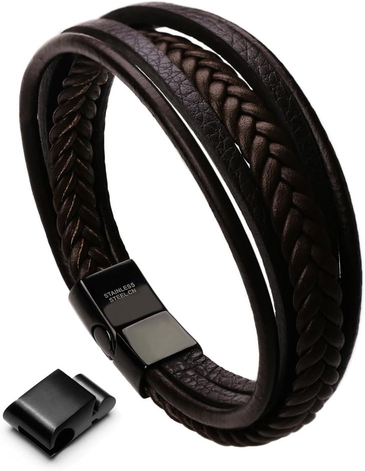 Murtoo Mens Leather Bracelet with Clasp Cowhide Multi-Layer Braided Leather Mens Bracelet - Image 1